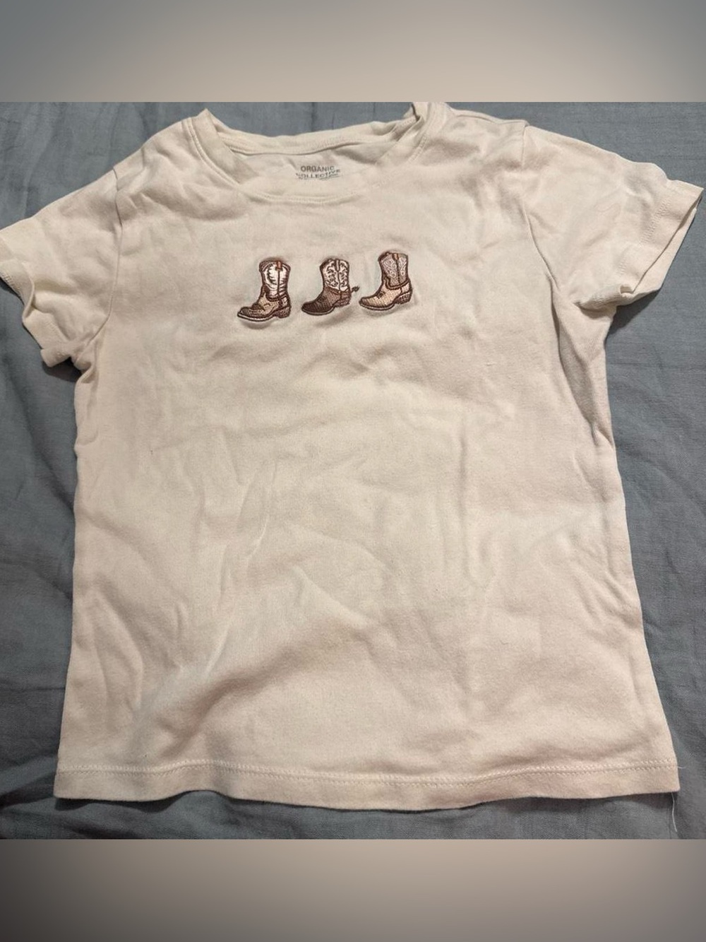 White Crop Tee with Embroidered Cowboy Boot Motif